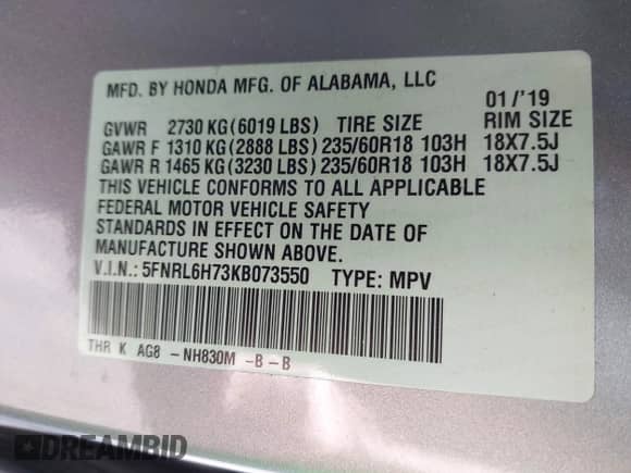 2019 Honda Odyssey EX-L with VIN 5FNRL6H73KB073550, listed as a IAAI auction lot 41666490 with 40,518 mi miles and . Bid and sale history available at DreamBid. Image 9.