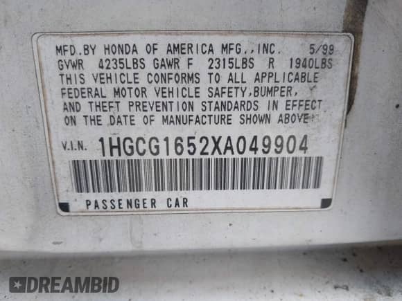 1999 Honda Accord EX with VIN 1HGCG1652XA049904, listed as a IAAI auction lot 42980986 with 181,961 mi miles and . Bid and sale history available at DreamBid. Image 9.