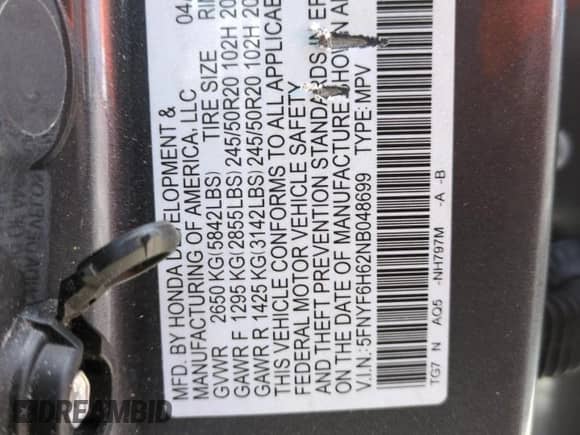 2022 Honda Pilot Touring 7-Passenger z VIN 5FNYF6H62NB048699, wystawiony jako Copart lot #58169865 z przebiegiem 76 139 mil mil oraz Szkoda całkowita • Salvage title. Historia ofert i sprzedaży dostępna na DreamBid. Obrazek 13.