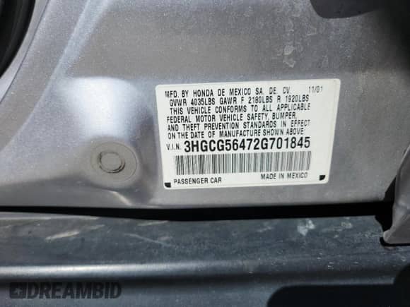 2002 Honda Accord LX с VIN 3HGCG56472G701845, выставлен на аукционе Copart как лот 71224315 с пробегом 71 073 миль миль и Списание • Salvage title. История ставок и продаж доступна на DreamBid. Изображение 13.