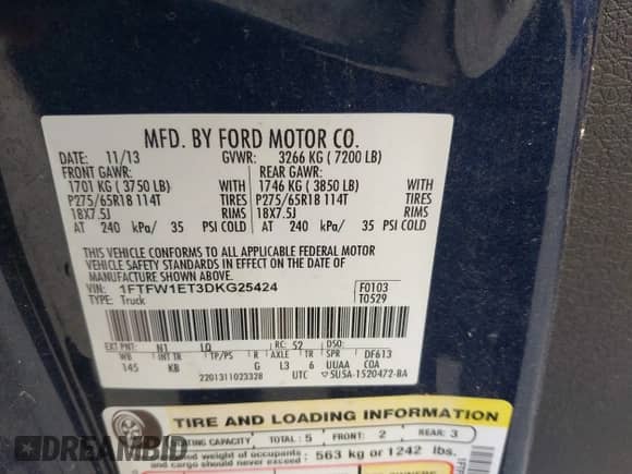 2013 Ford F-150 XL with VIN 1FTFW1ET3DKG25424, listed as a IAAI auction lot 43157585 with 178,855 mi miles and . Bid and sale history available at DreamBid. Image 9.