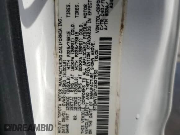 2001 Toyota Tacoma с VIN 5TEWN72N71Z837553, выставлен на аукционе Copart как лот 68886775 с пробегом 256 531 миль миль и Списание • Salvage title. История ставок и продаж доступна на DreamBid. Изображение 13.