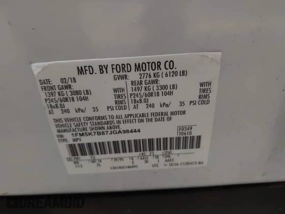 2018 Ford Explorer z VIN 1FM5K7B87JGA98444, wystawiony jako IAAI lot #42996968 z przebiegiem 62 107 mil mil oraz . Historia ofert i sprzedaży dostępna na DreamBid. Obrazek 9.