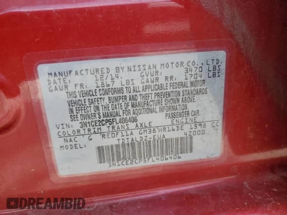 2015 Nissan Note SR с VIN 3N1CE2CP5FL406406, выставлен на аукционе Copart как лот 63833105 с пробегом 122 740 миль миль и Списание • Salvage title. История ставок и продаж доступна на DreamBid. Изображение 13.