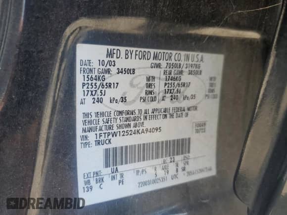 2004 Ford F-150 XLT with VIN 1FTPW12524KA94095, listed as a Copart auction lot 81955515 with 177,523 mi miles and Salvage title. Bid and sale history available at DreamBid. Image 12.