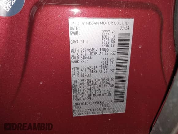 2025 Nissan Frontier SV with VIN 1N6ED1EJXSN608533, listed as a IAAI auction lot 42420640 with 1,953 mi miles and . Bid and sale history available at DreamBid. Image 9.