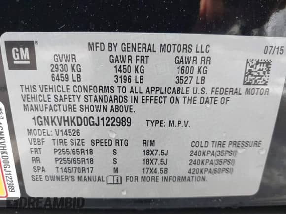 2016 Chevrolet Traverse LT with VIN 1GNKVHKD0GJ122989, listed as a IAAI auction lot 43315607 with 75,194 mi miles and . Bid and sale history available at DreamBid. Image 9.
