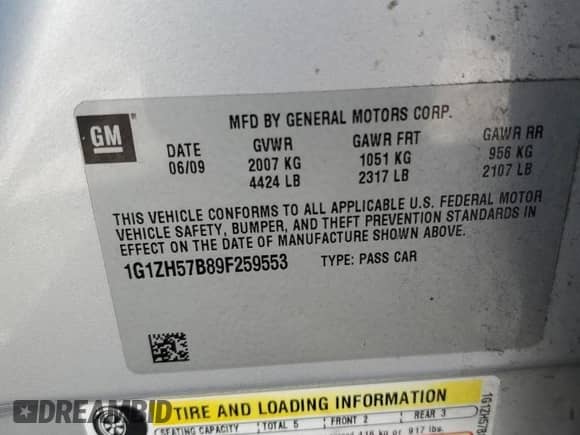 2009 Chevrolet Malibu 1LT с VIN 1G1ZH57B89F259553, выставлен на аукционе Copart как лот 81583685 с пробегом 95 106 миль миль и Списание • Salvage title. История ставок и продаж доступна на DreamBid. Изображение 12.