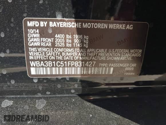 2015 BMW 3 Series 320i с VIN WBA3B1C51FP831427, выставлен на аукционе IAAI как лот 43441308 с пробегом 156 482 миль миль и . История ставок и продаж доступна на DreamBid. Изображение 9.
