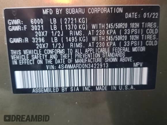 2022 Subaru Ascent Touring with VIN 4S4WMARD0N3422913, listed as a Copart auction lot 66523465 with 50,321 mi miles and Salvage title. Bid and sale history available at DreamBid. Image 14.