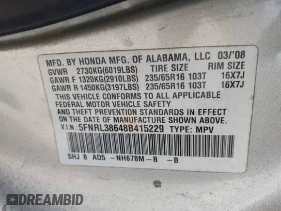 2008 Honda Odyssey EX-L с VIN 5FNRL38648B415229, выставлен на аукционе IAAI как лот 43414286 с пробегом 190 091 миль миль и . История ставок и продаж доступна на DreamBid. Изображение 9.