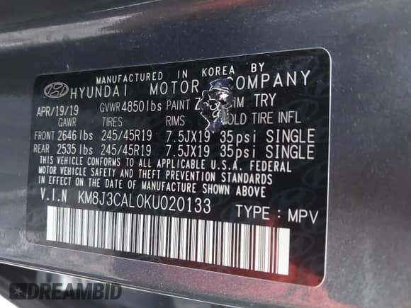 2019 Hyundai Tucson Ultimate with VIN KM8J3CAL0KU020133, listed as a IAAI auction lot 41856333 with 93,772 mi miles and . Bid and sale history available at DreamBid. Image 9.