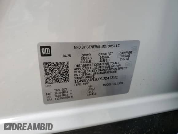2025 Chevrolet Traverse AWD Z71 с VIN 1GNEVJRSXSJ247841, выставлен на аукционе Copart как лот 81231805 с пробегом 4 645 миль миль и Списание • Salvage title. История ставок и продаж доступна на DreamBid. Изображение 13.