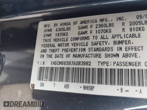 2007 Honda Accord EX-L with VIN 1HGCM66587A083982, listed as a IAAI auction lot 43037160 with 180,501 mi miles and . Bid and sale history available at DreamBid. Image 9.
