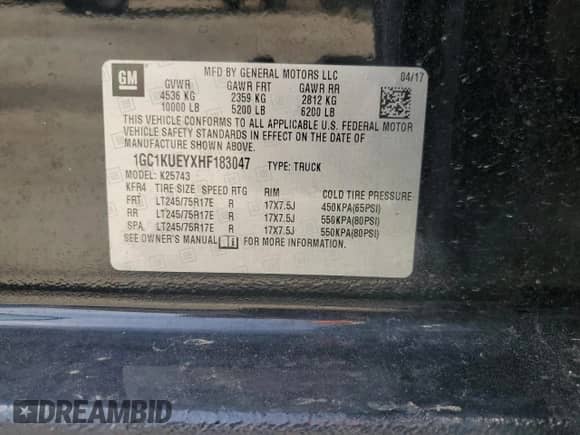 2017 Chevrolet Silverado 2500HD Work Truck z VIN 1GC1KUEYXHF183047, wystawiony jako Copart lot #45533395 z przebiegiem 70 990 mil mil oraz Szkoda całkowita • Salvage title. Historia ofert i sprzedaży dostępna na DreamBid. Obrazek 15.