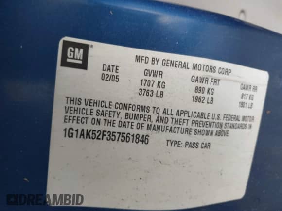 2005 Chevrolet Cobalt с VIN 1G1AK52F357561846, выставлен на аукционе IAAI как лот 42014387 с пробегом 201 558 миль миль и . История ставок и продаж доступна на DreamBid. Изображение 9.