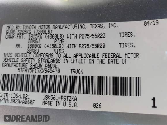 2019 Toyota Tundra SR5 с VIN 5TFAY5F17KX845478, выставлен на аукционе IAAI как лот 41155651 с пробегом 42 291 миль миль и . История ставок и продаж доступна на DreamBid. Изображение 9.