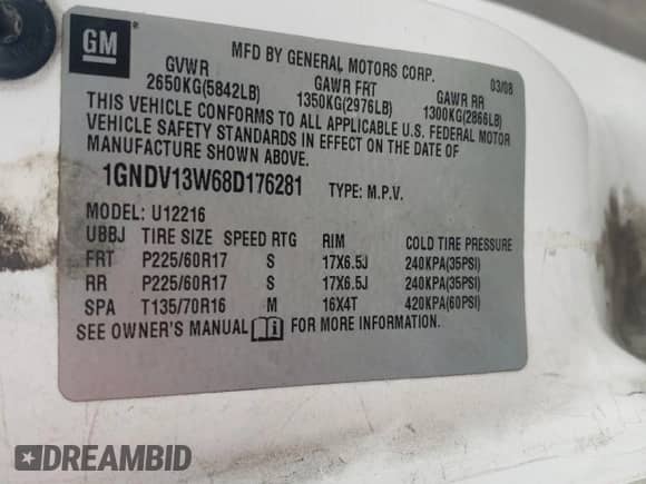 2008 Chevrolet Uplander Cargo с VIN 1GNDV13W68D176281, выставлен на аукционе Copart как лот 75948924 с пробегом 124 791 миль миль и Списание • Salvage title. История ставок и продаж доступна на DreamBid. Изображение 13.