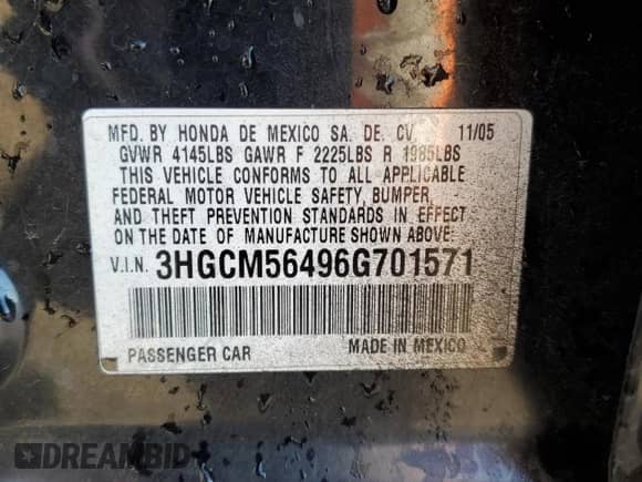 2006 Honda Accord LX with VIN 3HGCM56496G701571, listed as a Copart auction lot 84027205 with 146,990 mi miles and Salvage title. Bid and sale history available at DreamBid. Image 13.