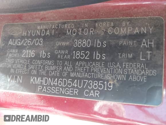 2004 Hyundai Elantra GLS with VIN KMHDN46D54U738519, listed as a IAAI auction lot 43444336 with 126,332 mi miles and . Bid and sale history available at DreamBid. Image 9.