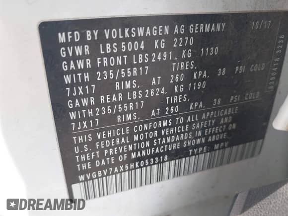 2017 Volkswagen Tiguan S с VIN WVGBV7AX5HK053318, выставлен на аукционе IAAI как лот 42598633 с пробегом 46 482 миль миль и . История ставок и продаж доступна на DreamBid. Изображение 9.