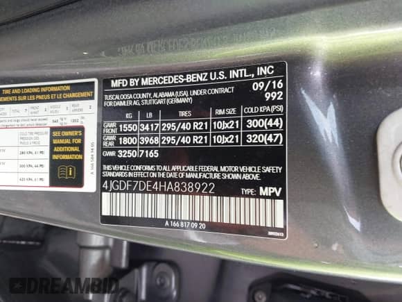 2017 Mercedes-Benz GLS 550 with VIN 4JGDF7DE4HA838922, listed as a IAAI auction lot 42617326 with 86,035 mi miles and . Bid and sale history available at DreamBid. Image 9.