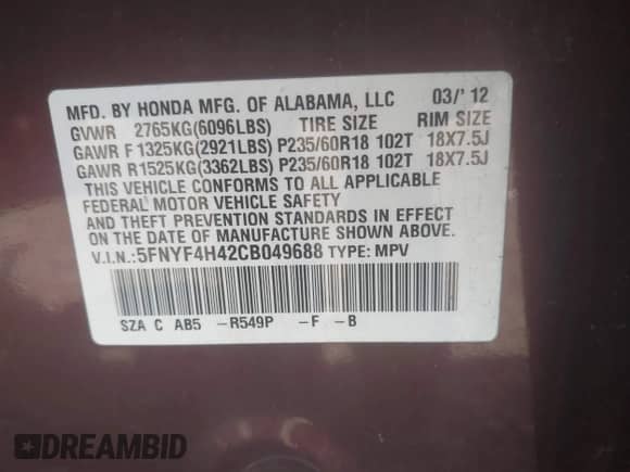 2012 Honda Pilot EX с VIN 5FNYF4H42CB049688, выставлен на аукционе IAAI как лот 43262431 с пробегом 184 954 миль миль и . История ставок и продаж доступна на DreamBid. Изображение 9.