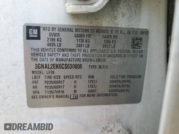 2012 Chevrolet Captiva Sport LS с VIN 3GNAL2EK6CS630806, выставлен на аукционе Copart как лот 75364974 с пробегом 140 715 миль миль и Чистый • Clean title. История ставок и продаж доступна на DreamBid. Изображение 12.