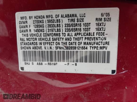 2005 Honda Odyssey LX с VIN 5FNRL38285B121664, выставлен на аукционе IAAI как лот 42706117 с пробегом 281 750 миль миль и . История ставок и продаж доступна на DreamBid. Изображение 9.