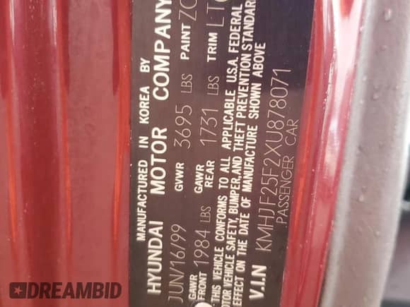 1999 Hyundai Elantra GL с VIN KMHJF25F2XU878071, выставлен на аукционе Copart как лот 80333494 с пробегом 86 960 миль миль и Списание • Salvage title. История ставок и продаж доступна на DreamBid. Изображение 12.