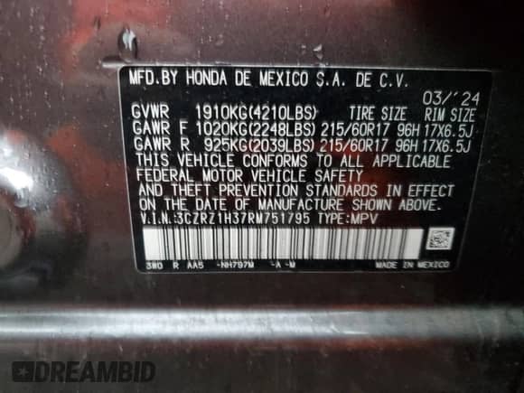 2024 Honda HR-V LX with VIN 3CZRZ1H37RM751795, listed as a Copart auction lot 43977185 with 18,521 mi miles and Salvage title. Bid and sale history available at DreamBid. Image 14.