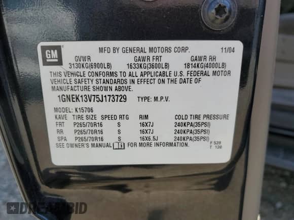 2005 Chevrolet Tahoe LS с VIN 1GNEK13V75J173729, выставлен на аукционе Copart как лот 55227065 с пробегом 226 273 миль миль и Списание • Salvage title. История ставок и продаж доступна на DreamBid. Изображение 13.