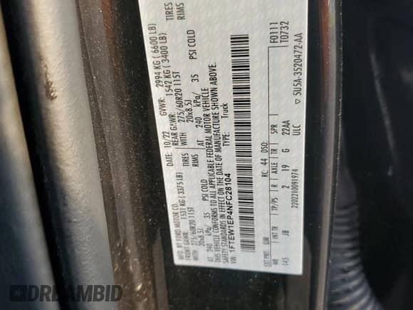 2022 Ford F-150 XLT с VIN 1FTEW1EP4NFC28104, выставлен на аукционе Copart как лот 81634595 с пробегом 44 781 миль миль и Списание • Salvage title. История ставок и продаж доступна на DreamBid. Изображение 12.