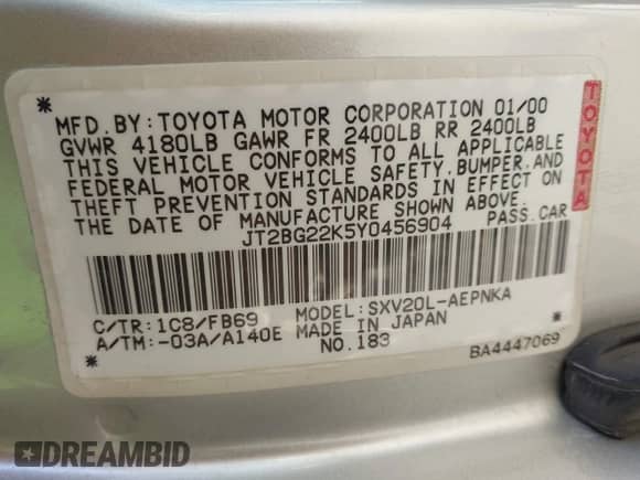 2000 Toyota Camry LE z VIN JT2BG22K5Y0456904, wystawiony jako IAAI lot #43519495 z przebiegiem 113 828 mil mil oraz . Historia ofert i sprzedaży dostępna na DreamBid. Obrazek 9.