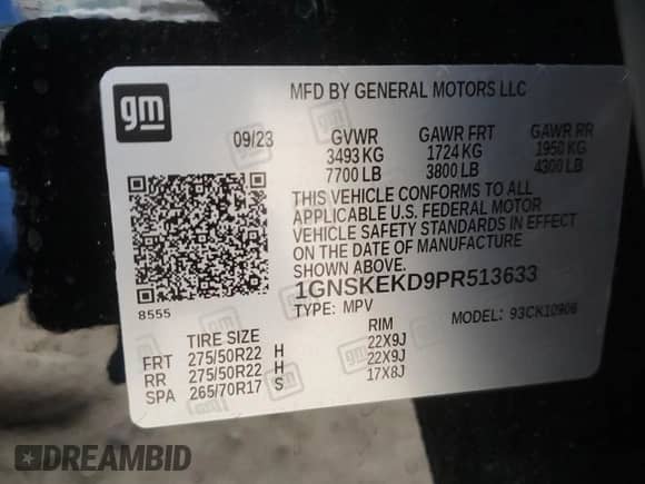 2023 Chevrolet Suburban RST с VIN 1GNSKEKD9PR513633, выставлен на аукционе Copart как лот 44704285 с пробегом 7 952 миль миль и Списание • Salvage title. История ставок и продаж доступна на DreamBid. Изображение 14.