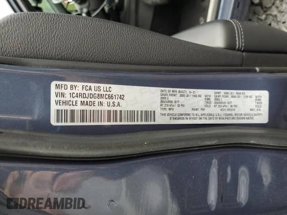 2021 Dodge Durango GT Plus with VIN 1C4RDJDG8MC661742, listed as a Copart auction lot 81049555 with 59,495 mi miles and Salvage title. Bid and sale history available at DreamBid. Image 14.
