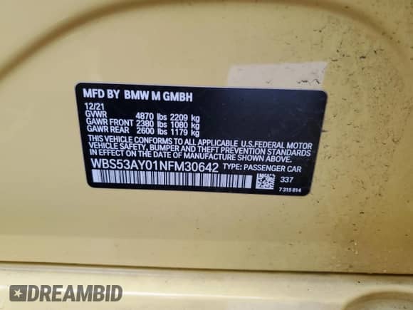 2022 BMW M3 с VIN WBS53AY01NFM30642, выставлен на аукционе Copart как лот 85710584 с пробегом Не указан миль и Списание • Salvage title. История ставок и продаж доступна на DreamBid. Изображение 12.