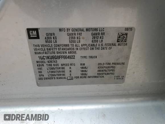 2015 Chevrolet Silverado 2500HD Work Truck z VIN 1GC1KUEG8FF664922, wystawiony jako Copart lot #53850725 z przebiegiem 84 600 mil mil oraz Szkoda całkowita • Salvage title. Historia ofert i sprzedaży dostępna na DreamBid. Obrazek 12.