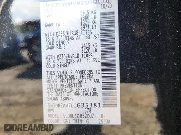 2020 Nissan Pathfinder S z VIN 5N1DR2AM7LC635381, wystawiony jako Copart lot #80868315 z przebiegiem 66 385 mil mil oraz Szkoda całkowita • Salvage title. Historia ofert i sprzedaży dostępna na DreamBid. Obrazek 13.