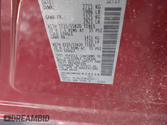 2016 Nissan Pathfinder Platinum with VIN 5N1AR2MM3GC614144, listed as a IAAI auction lot 41554806 with 130,398 mi miles and . Bid and sale history available at DreamBid. Image 9.