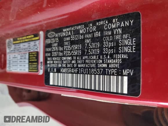 2015 Hyundai Santa Fe GLS с VIN KM8SR4HF1FU118537, выставлен на аукционе Copart как лот 82017545 с пробегом 190 888 миль миль и Чистый • Clean title. История ставок и продаж доступна на DreamBid. Изображение 13.