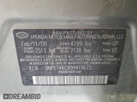 2009 Hyundai Sonata GLS с VIN 5NPET46C89H419672, выставлен на аукционе Copart как лот 80732535 с пробегом 266 009 миль миль и Списание • Salvage title. История ставок и продаж доступна на DreamBid. Изображение 12.