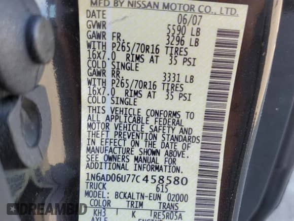 2007 Nissan Frontier SE with VIN 1N6AD06U77C458580, listed as a Copart auction lot 67972415 with 142,295 mi miles and Salvage title. Bid and sale history available at DreamBid. Image 13.