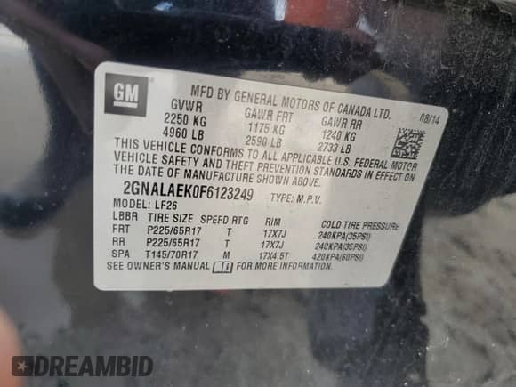 2015 Chevrolet Equinox LS with VIN 2GNALAEK0F6123249, listed as a Copart auction lot 84751115 with 194,841 mi miles and Salvage title. Bid and sale history available at DreamBid. Image 13.