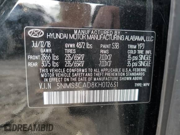 2019 Hyundai Santa Fe SEL с VIN 5NMS3CAD8KH012631, выставлен на аукционе Copart как лот 67912165 с пробегом 102 442 миль миль и Списание • Salvage title. История ставок и продаж доступна на DreamBid. Изображение 13.