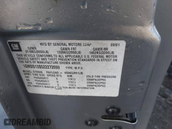 2002 Chevrolet TrailBlazer LTZ с VIN 1GNDS13S522272699, выставлен на аукционе IAAI как лот 41442784 с пробегом 296 144 миль миль и . История ставок и продаж доступна на DreamBid. Изображение 9.