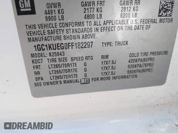 2015 Chevrolet Silverado 2500HD Work Truck with VIN 1GC1KUEG0FF182297, listed as a IAAI auction lot 43469314 with 330,169 mi miles and . Bid and sale history available at DreamBid. Image 9.