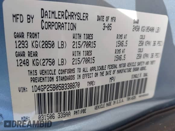 2005 Dodge Caravan SE with VIN 1D4GP25B05B338870, listed as a IAAI auction lot 43173677 with 65,845 mi miles and . Bid and sale history available at DreamBid. Image 9.