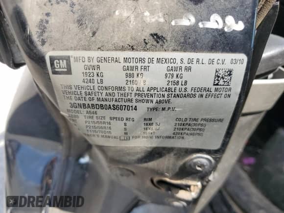 2010 Chevrolet HHR 1LT с VIN 3GNBABDB0AS607014, выставлен на аукционе Copart как лот 67527115 с пробегом 179 655 миль миль и На запчасти • Non repairable. История ставок и продаж доступна на DreamBid. Изображение 13.