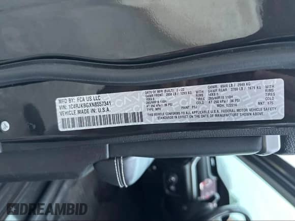 2022 Jeep Grand Cherokee Limited с VIN 1C4RJKBGXN8557341, выставлен на аукционе IAAI как лот 43587519 с пробегом 233 936 миль миль и . История ставок и продаж доступна на DreamBid. Изображение 9.